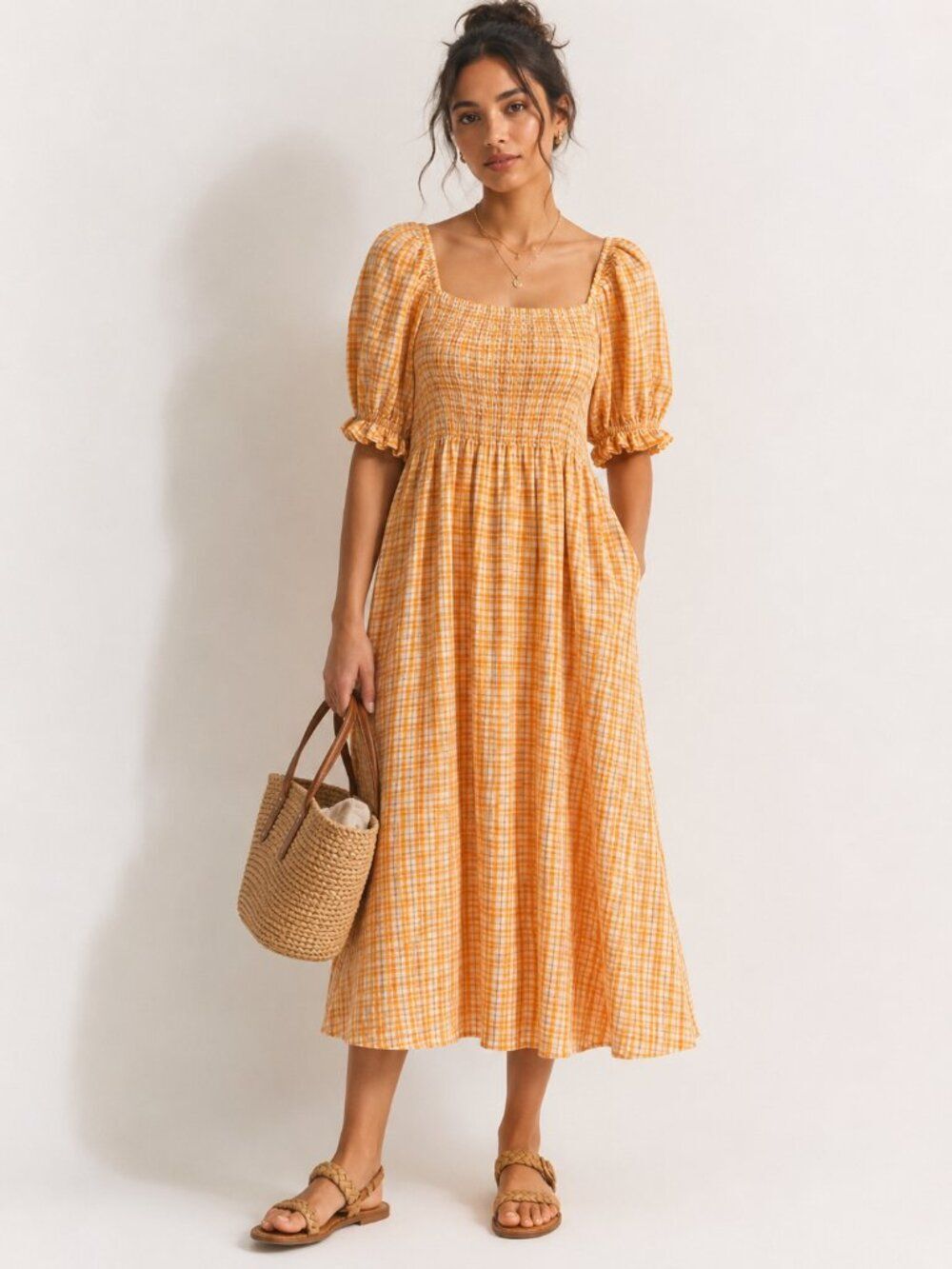 Rahi Size Small NWT cottagecore plaid yellow prairie puff sleeve ruffle dress